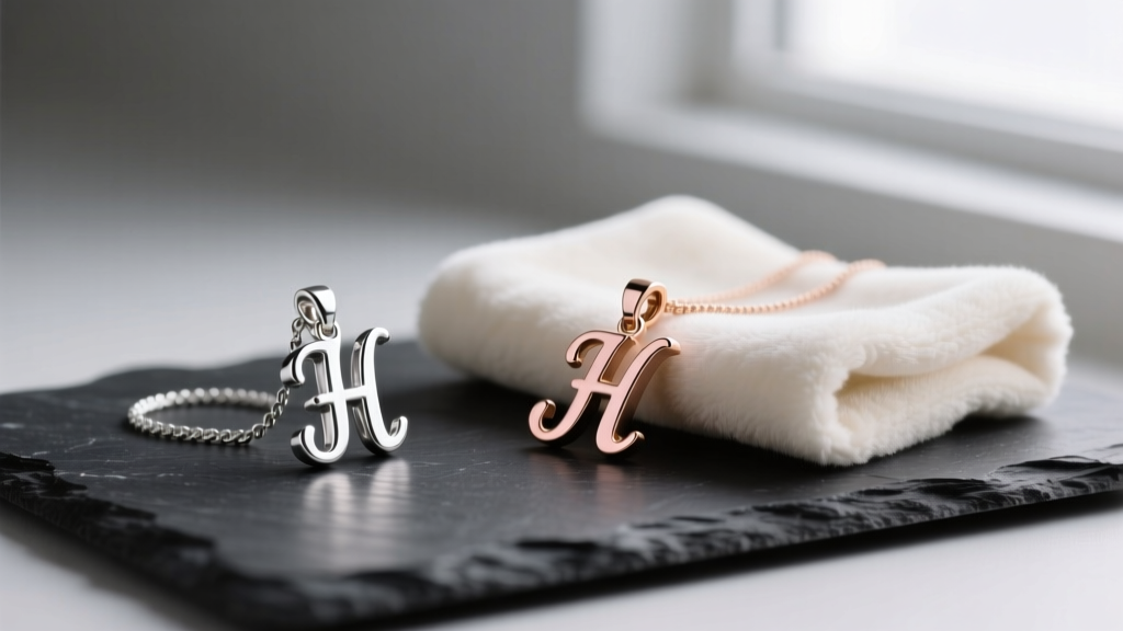 Sterling silver and rose gold initial pendants laid on dark slate, resting next to a soft microfiber jewelry polishing cloth.