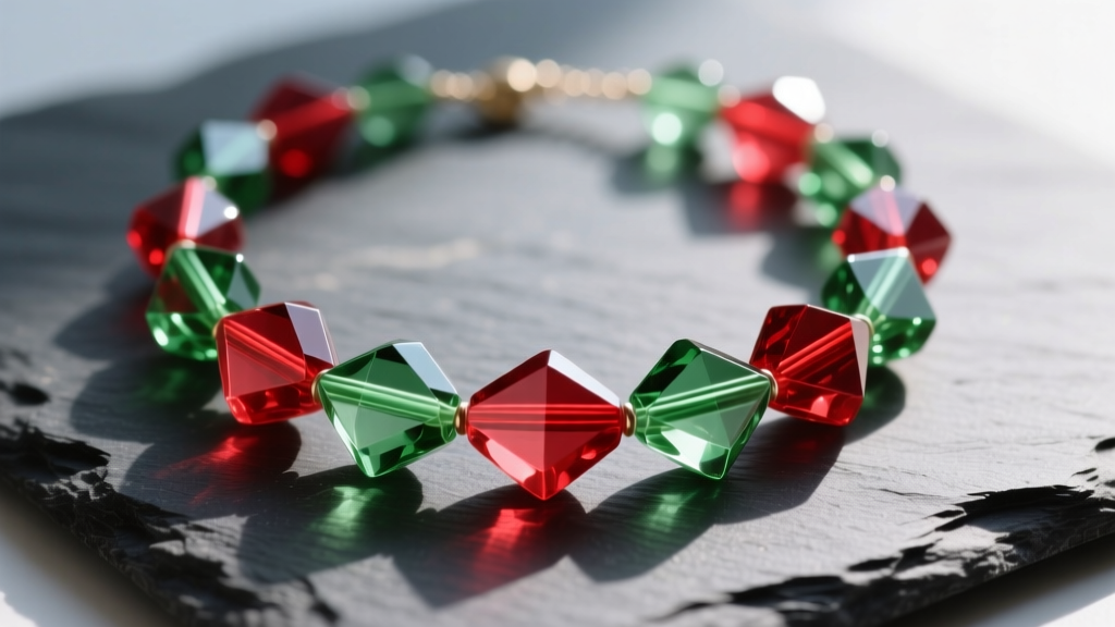 Artisanal isomalt edible candy necklace with translucent ruby and emerald geometric beads resting on a dark slate surface