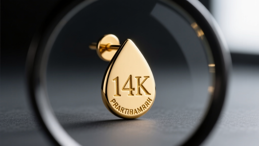 Close-up of a 14K hallmark on a gold teardrop earring post, viewed through a loupe against a softly blurred dark studio backdrop.