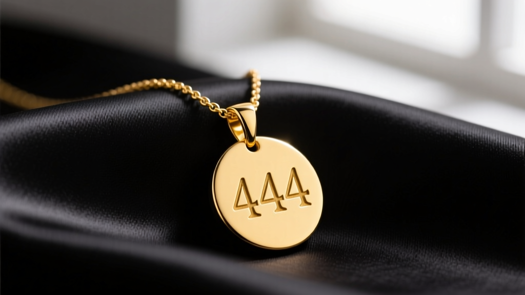 Close-up of a solid 14k yellow gold necklace with a hand-stamped 444 angel number pendant resting on dark silk fabric.