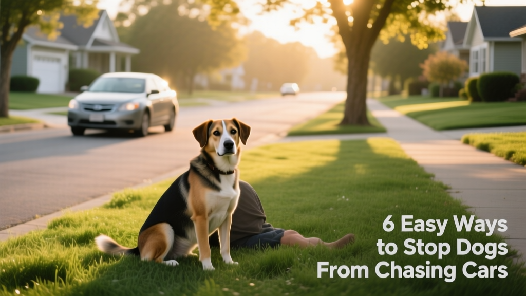 Dog calmly sitting on grass beside owner while a car drives slowly and steadily down a residential street in the background