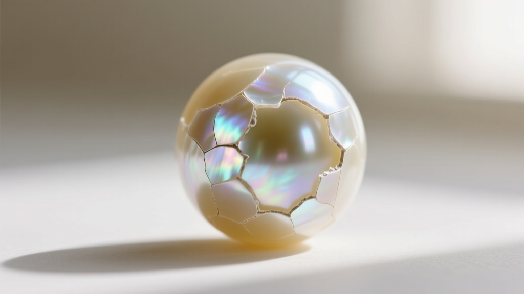 Macro photography of an 8mm faux glass pearl showing peeling guanine nacre coating, revealing the clear glass bead underneath.