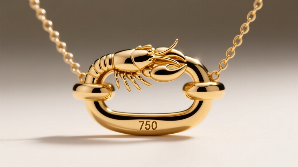 Detailed view of a 5mm cast gold lobster clasp on a fine necklace, highlighting the locking mechanism and stamped 750 purity mark.