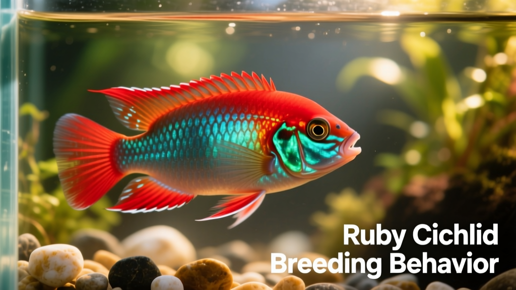 Close-up of a pair of Jewel fish displaying vibrant breeding colors—fiery red heads and bellies, iridescent blue-green flanks, and red-edged fins