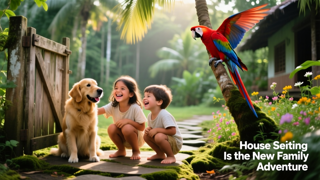 Alex and Lisa’s two children smiling while exploring an off-grid tropical property in Panama with two dogs and a Macaw nearby