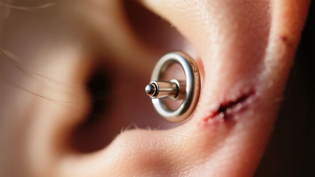 Macro shot of a healed daith piercing with a 16-gauge titanium clicker ring and matte finish against a softly blurred background