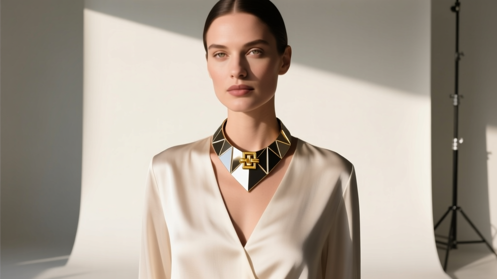 Woman wearing Alexis Bittar Solanales collar necklace with a V-neck silk blouse, highlighting the rigid fit and gold clasp detail.