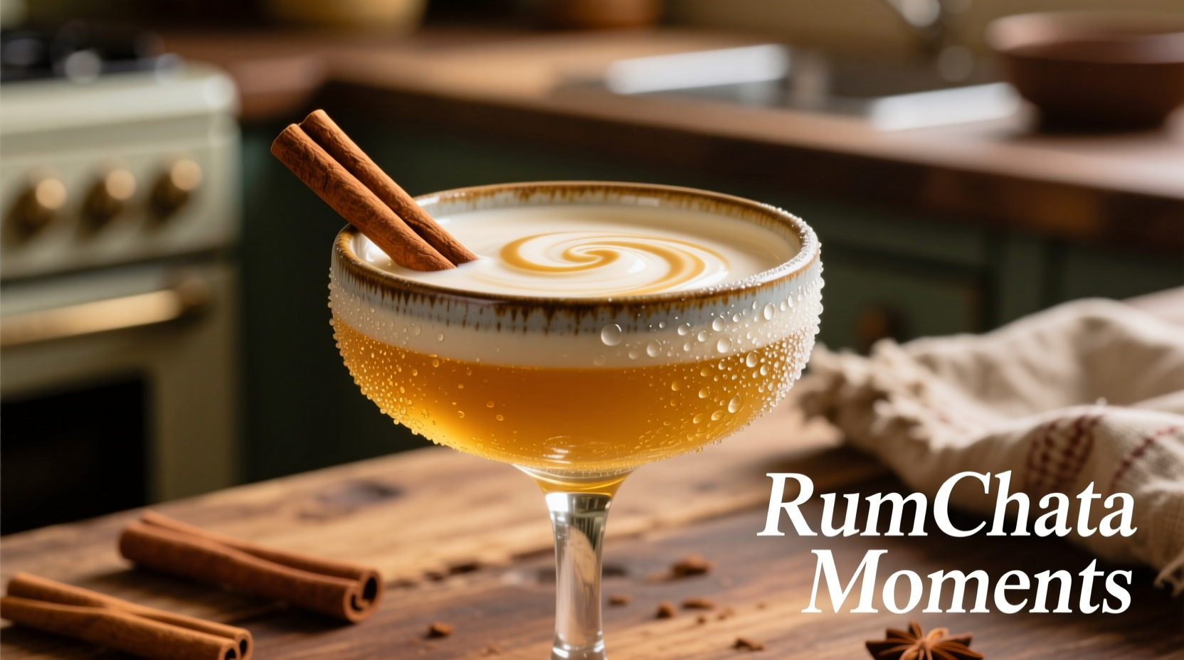 Creamy RumChata in a glass with cinnamon garnish