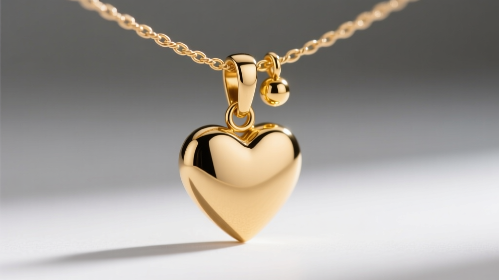 Macro shot of a gold heart bail on a 3mm rope chain, showing exact clearance and a small gold counterweight bead near the clasp.