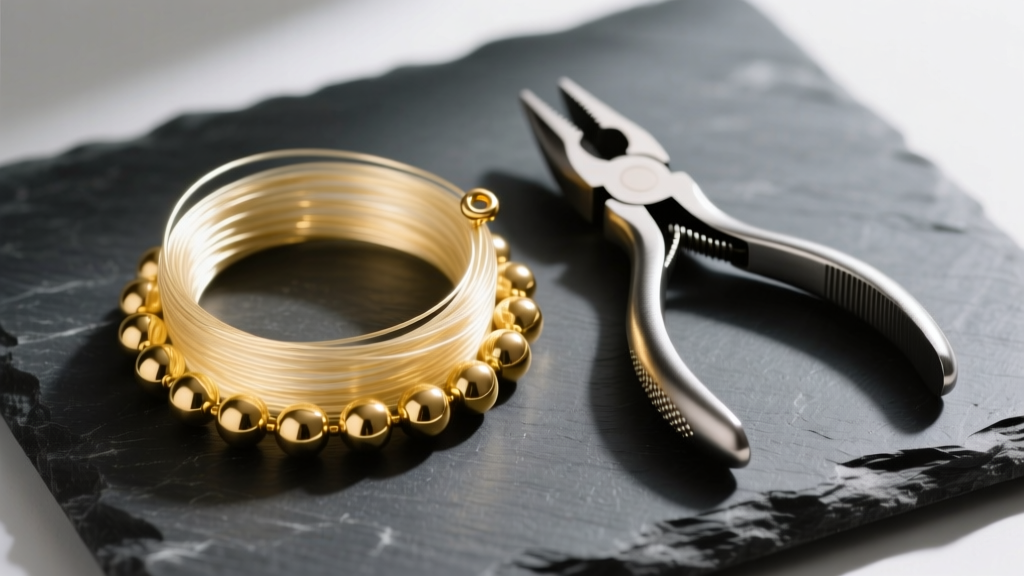 Flat lay of 0.2mm fluorocarbon illusion wire, gold crimp beads, and pliers resting on a dark slate bedrock-toned surface.