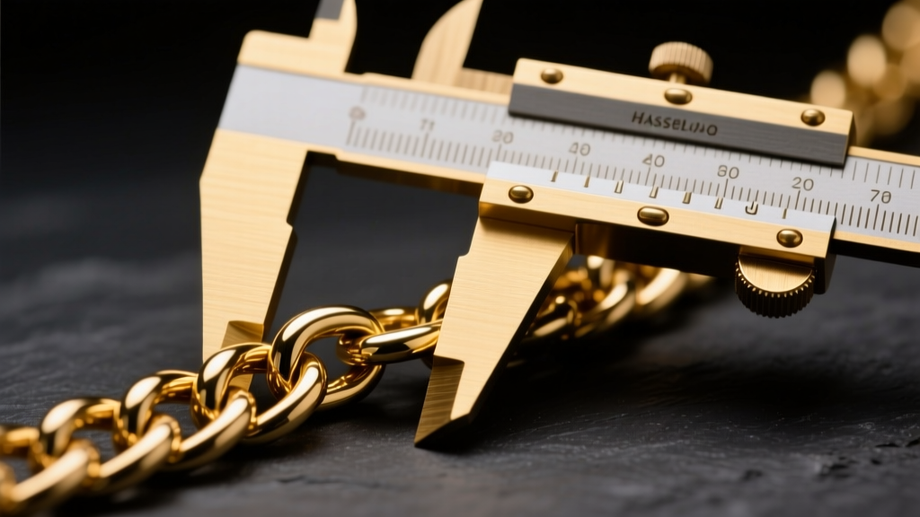 Macro shot of calipers measuring a gold Cuban chain on dark slate, revealing exact millimeter width under warm studio lighting.