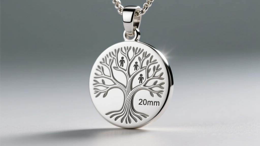 Close-up of a 20mm silver disc pendant showing deep fiber laser engraving of a family tree design with delicate branch lines.