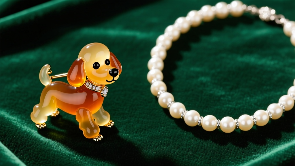 Top-down view of a rare Trifari jelly belly poodle brooch and a Miriam Haskell pearl necklace resting on dark emerald velvet.