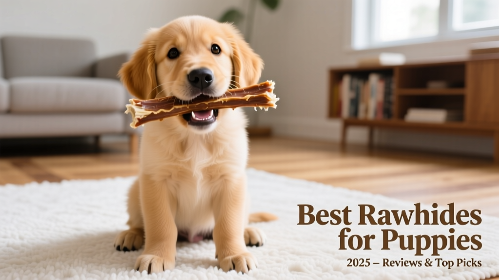 Puppy mid-chew on a FurPetVo Goody Buddy Rawhide Stick, sitting on a clean rug
