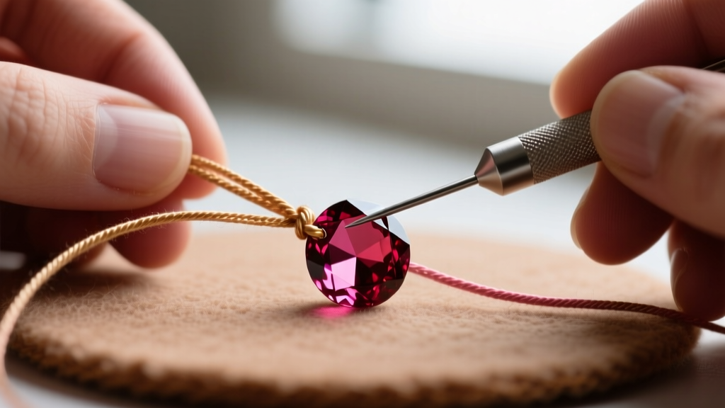 Macro shot of hands knotting size F silk cord between faceted rubellite tourmaline beads using a fine beading awl on a felt pad.