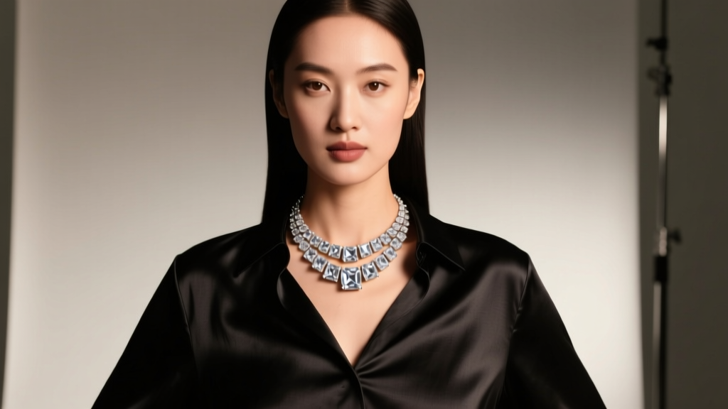 Woman wearing a layered cubic zirconia station necklace over a black silk blouse, bathed in soft, warm, elegant studio light.