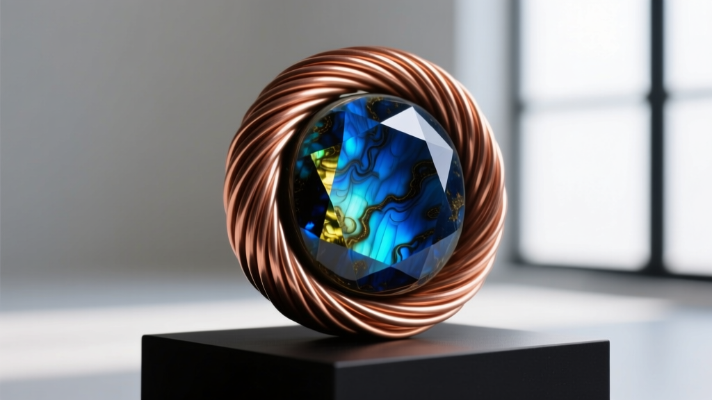 Macro shot of 20-gauge dead soft copper wire showing dark oxidation and tight wrapped loops around a polished blue labradorite gem