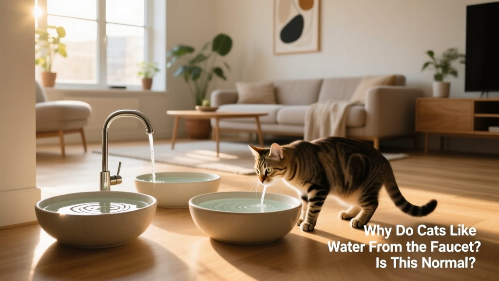 Three shallow, wide water bowls placed in quiet corners of a sunlit living room