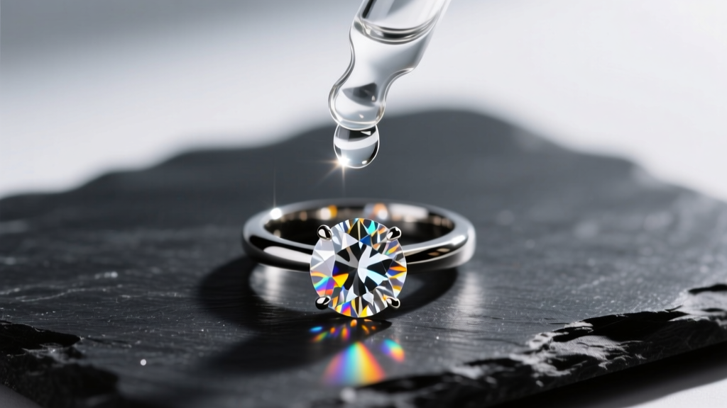Glass dropper dispensing clear cleaning solution onto a diamond solitaire ring resting on a dark slate surface in bright light.