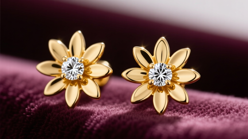 Macro view of 18k yellow gold daisy stud earrings featuring a round diamond center and pear-shaped diamond petals resting on velvet.