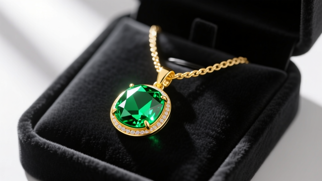 A vibrant green emerald pendant set in 18k yellow gold on a delicate cable chain, resting on a dark velvet jewelry display pad.