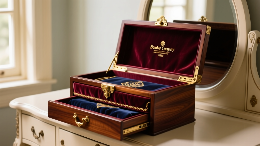 Restored vintage Bombay Company jewelry box in dark mahogany with polished brass hardware and open velvet drawers on a lit vanity.