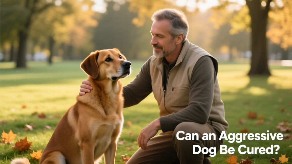 A calm, relaxed dog sitting beside a trainer in a quiet outdoor setting