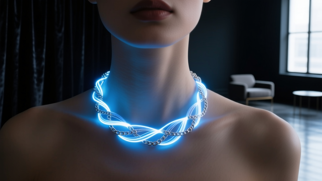 Close-up of a glowing fiber-optic necklace with light woven into a silver chain, illuminating the collarbone in a dark, moody room