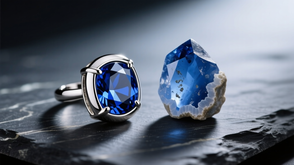 Macro photography of a solid platinum 950 bezel-set sapphire earring next to a raw uncut blue sapphire crystal on dark slate.