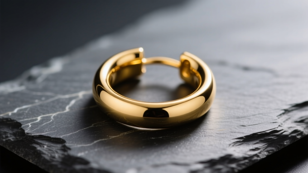 Close-up of a polished 14k yellow gold 20mm hoop earring resting on a dark slate surface, reflecting soft studio lighting.
