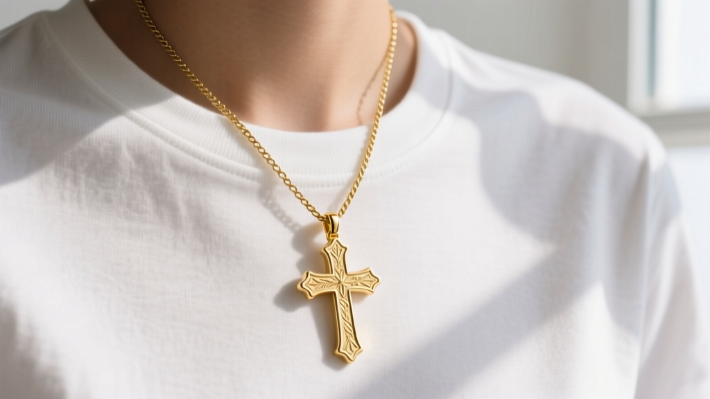 14k gold cross pendant on an 18-inch cable chain resting against a white cotton t-shirt neckline in soft natural lighting.