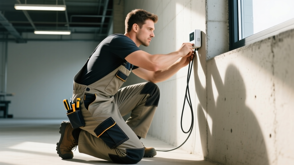 Installer crouching to adjust a window sensor, showcasing the flexible gusset and deep cargo pockets of utility tech pants.