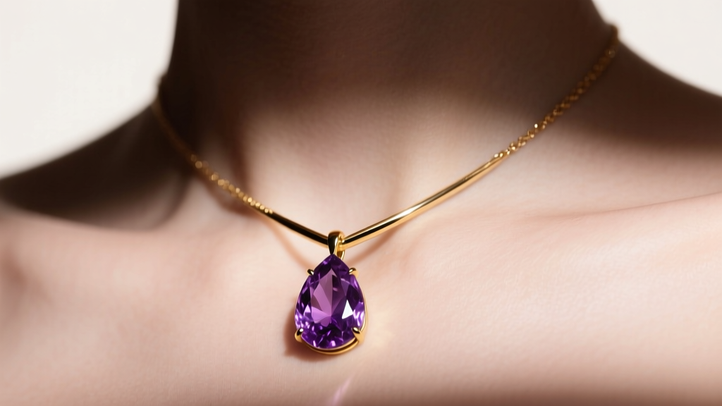 Close-up of a 14k gold amethyst teardrop necklace on a collarbone, showcasing deep purple stone facets under soft studio lighting