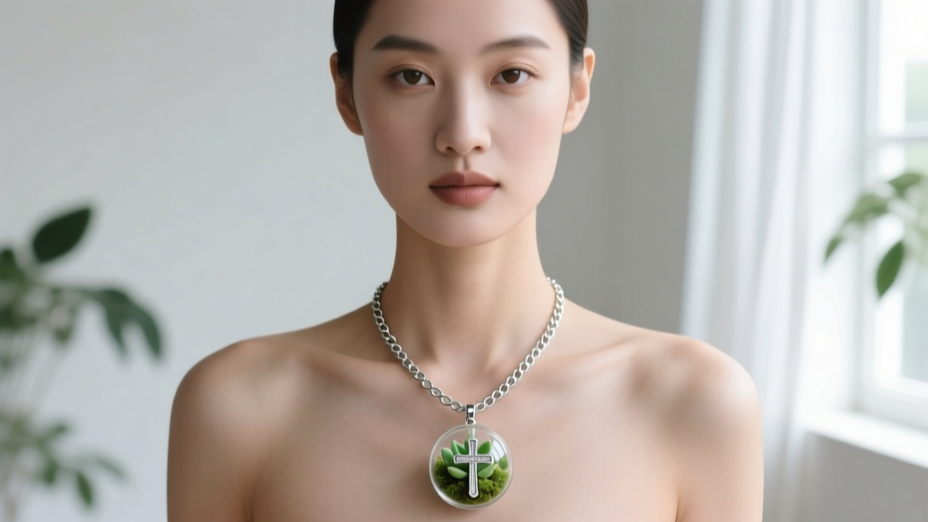 Model wearing a 1.2mm sterling silver rolo chain with a small botanical terrarium cross pendant, soft natural window light.