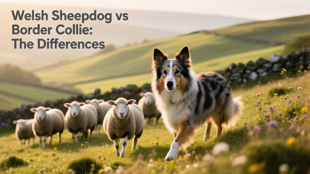 A Welsh Sheepdog calmly guiding a small group of sheep across a hillside