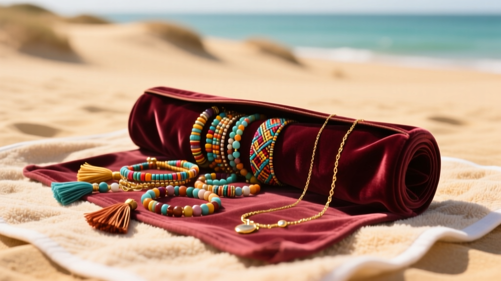 Open velvet travel roll showing colorful string bracelets and gold necklaces resting on a sandy beach towel in warm sunlight.
