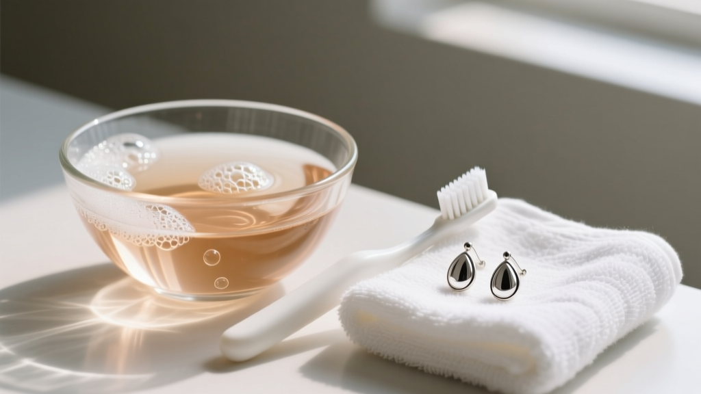 Glass bowl with warm soapy water and soft baby toothbrush next to silver-plated drop earrings resting on a dry white cotton towel