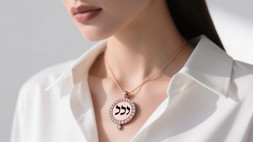 Rose gold mezuzah necklace with diamond accent on a woman in a white blouse, showing the small pendant on her collarbone.