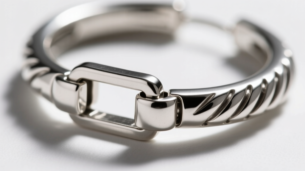 Detailed view of an 18-gauge sterling silver latch-back clasp on a Bali hoop, showing the secure hinge and locking mechanism