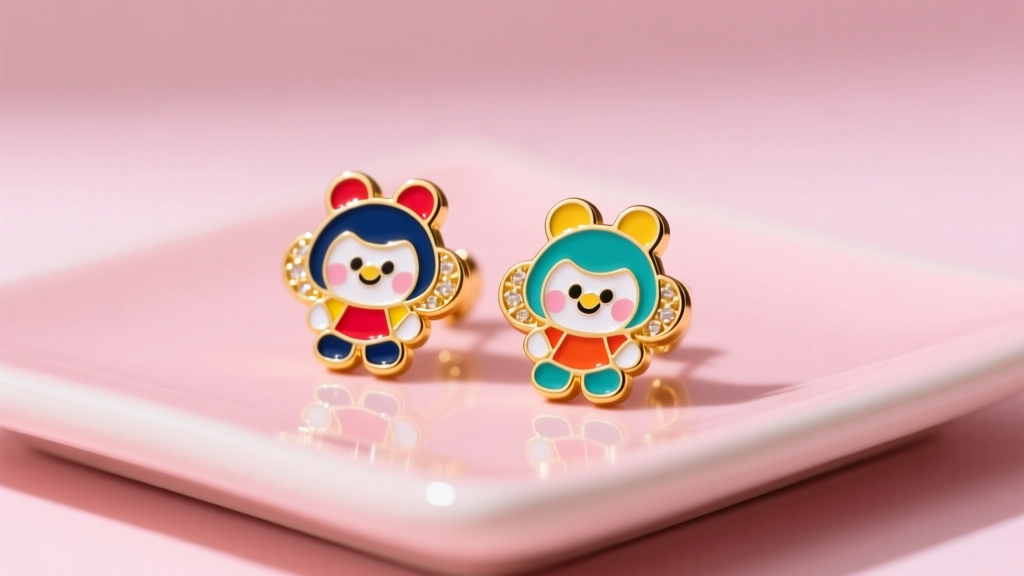 Vibrant hard enamel cartoon character earrings with gold borders on a pastel pink ceramic tile under bright studio lighting