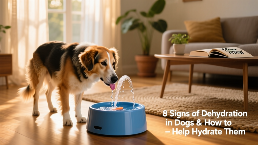 Dog using a blue pet water fountain indoors, drinking calmly