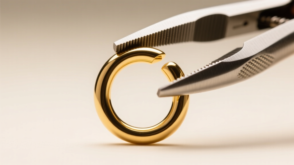 Macro shot of an 18-gauge gold-filled jump ring being opened with twin chain-nose pliers under bright studio lighting.