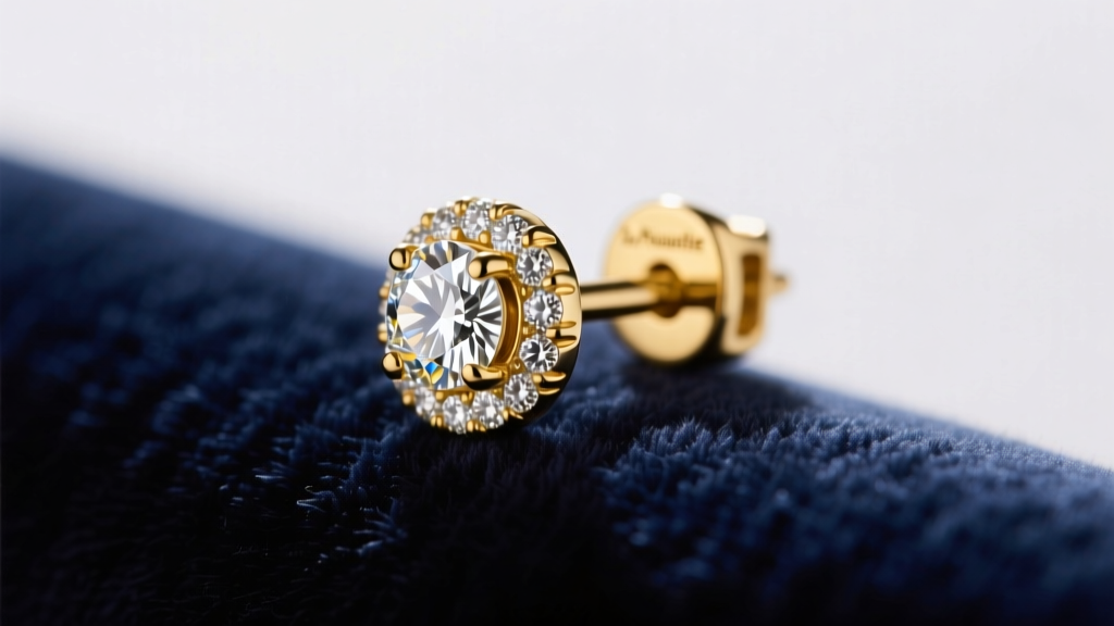 Macro photography of an 18-karat yellow gold diamond stud earring featuring a secure La Pousette locking clutch back on velvet