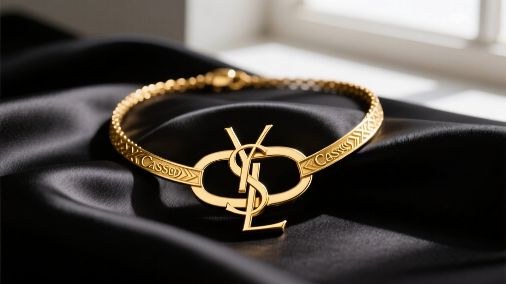 Close-up of a vintage 1980s YSL gold-plated brass necklace with the interlocking Cassandre logo resting on dark silk fabric.