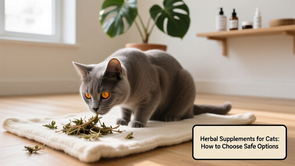 A calm indoor cat gently sniffing dried catnip leaves on a soft mat