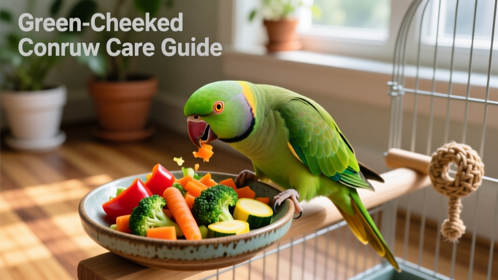 A green-cheeked conure happily eating colorful chopped vegetables from a shallow ceramic dish inside its cage