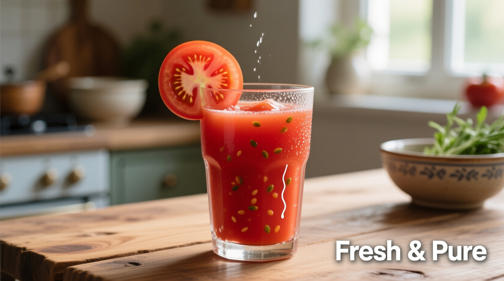 Fresh tomato juice in glass with tomato slices