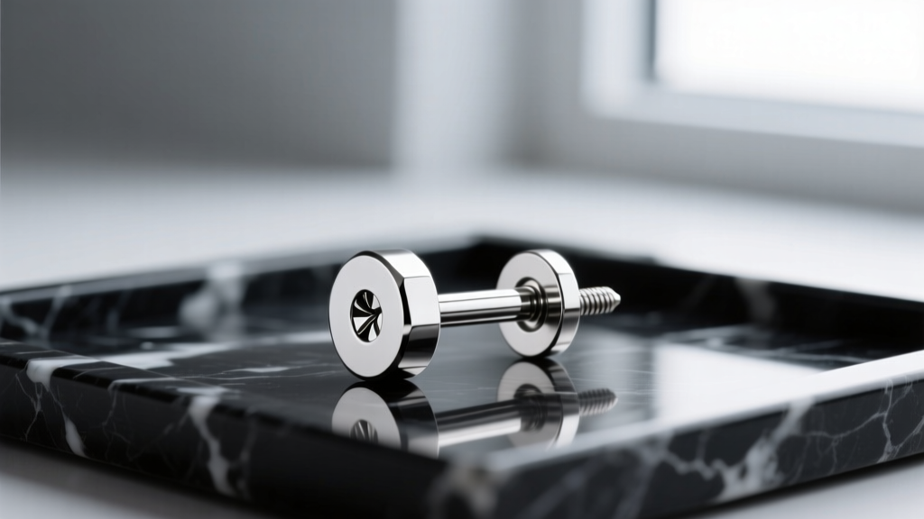 Side profile of a thick 16-gauge platinum earring post with a secure screw-back mechanism, resting on a jeweler