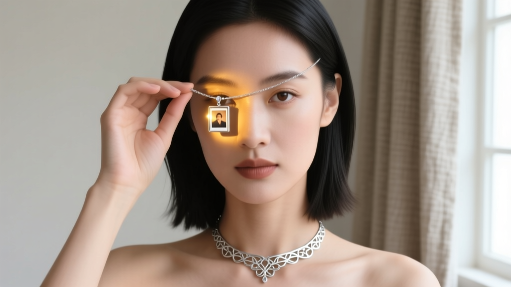 A woman holding a sterling silver projection hidden message necklace up to her eye, with a tiny glowing photo visible inside.