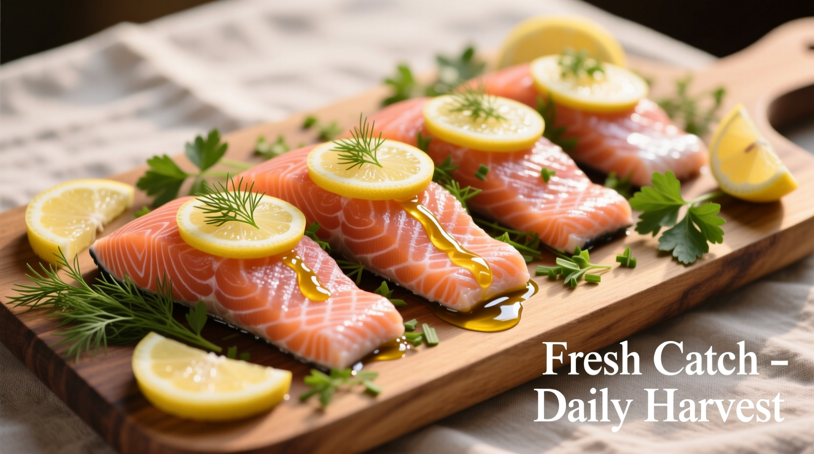 Fresh salmon fillets with lemon slices and herbs